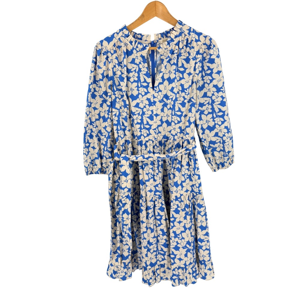 Shoshanna Floral Midi Dress Belted Ruffle‎ Hem Split Neck Blue Ivory Size 4 - Picture 2 of 8